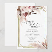 Floral Pampas grass Boho Wedding Save the Date Inv Kaart (Voorkant / Achterkant)