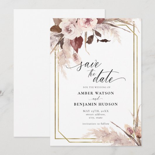 Floral Pampas grass Boho Wedding Save the Date Inv Kaart (Voorkant / Achterkant)