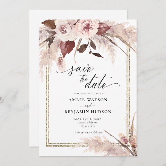 Floral Pampas Grass Boho Wedding Save the Date Kaart (Voorkant / Achterkant)