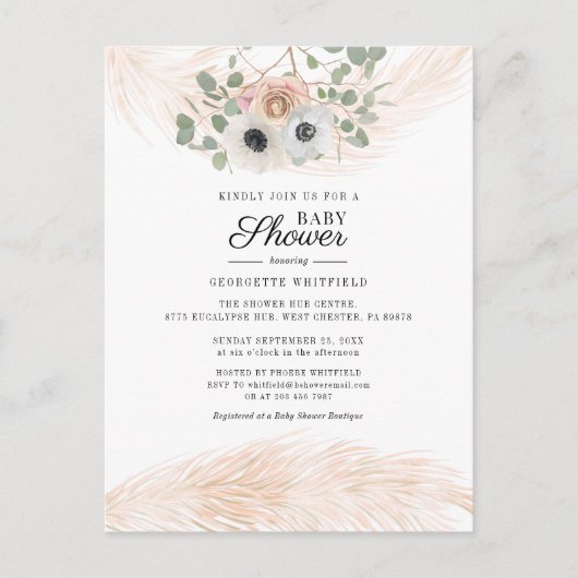 Floral Pampas Grass Girl Baby shower Uitnodiging Briefkaart (Voorkant)
