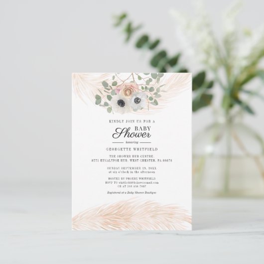 Floral Pampas Grass Girl Baby shower Uitnodiging Briefkaart (Staand voorkant)