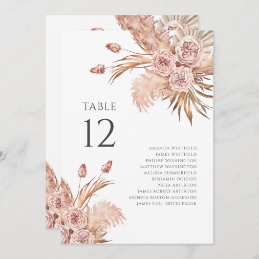 Floral Pampas Grass Table Number Weddenschap (Voorkant / Achterkant)