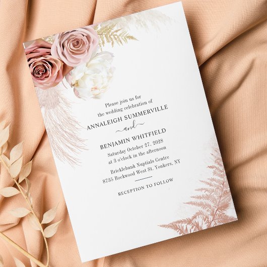 Floral Pampas Grass Terracotta Script Wedding Kaart