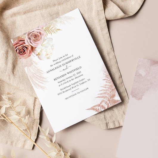 Floral Pampas Grass Terracotta Script Wedding Kaart