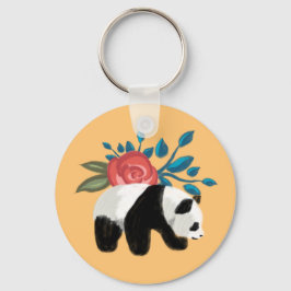 Floral Panda met Roos op Peach Sleutelhanger