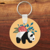 Floral Panda met Roos op Peach Sleutelhanger (Voorkant)