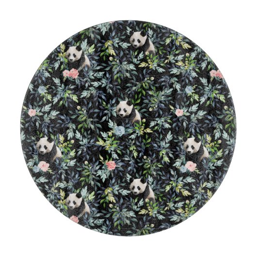 Floral Panda Patroon met Roze en Blauwe Rozen Snijplank (Voorkant)