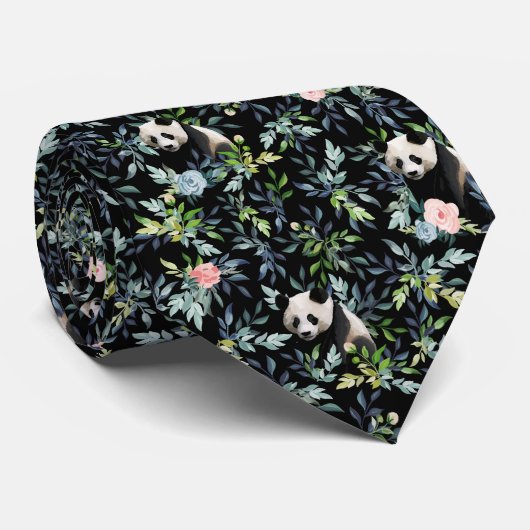 Floral Panda Patroon met Roze en Blauwe Rozen Stropdas (Opgerold)