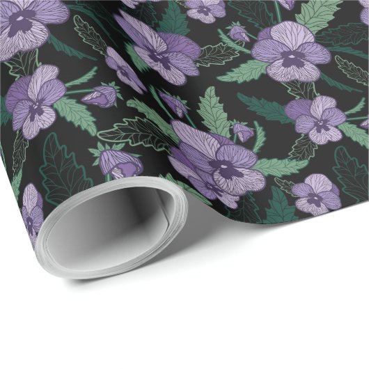 Floral Pansy met Foliage op Donkere achtergrond Cadeaupapier (Rol Hoek)