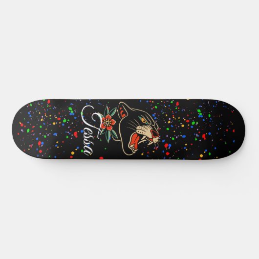 Floral Panther Splatter Script Monogram Naam Persoonlijk Skateboard (Horizontaal)