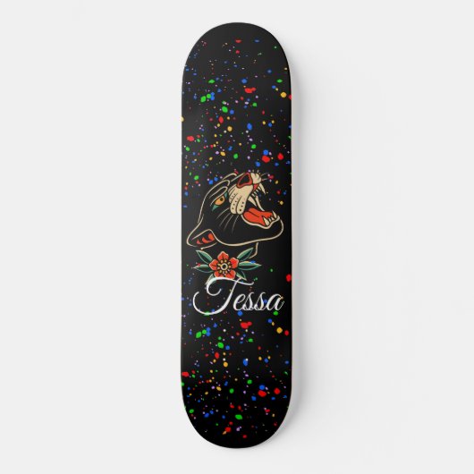 Floral Panther Splatter Script Monogram Naam Persoonlijk Skateboard (Voorkant)