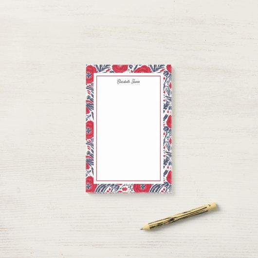 Floral papaver rood en blauw post-it® notes (Op bureau)