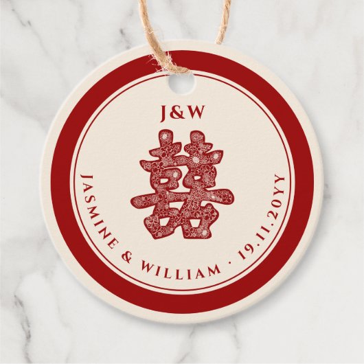 Floral Paper Cut Double Happiness Chinese Wedding Bedankjes Labels (Voorkant)