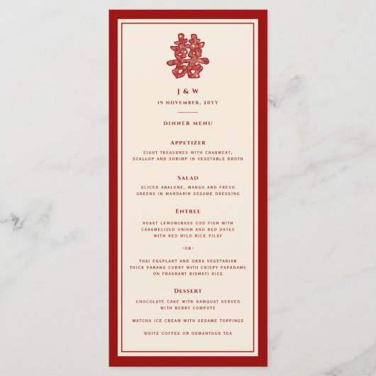 Floral Paper Cut Double Happiness Chinese Wedding Menu (Voorkant)