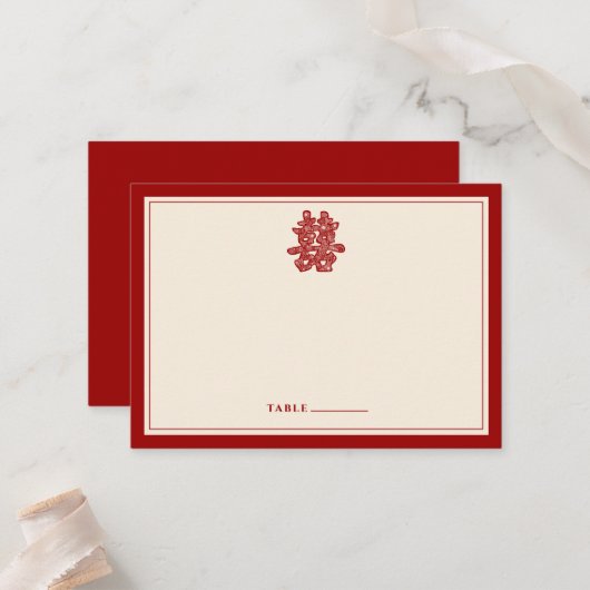 Floral Paper Cut Double Happiness Chinese Wedding Plaatskaartje (Voorkant / Achterkant in situ)