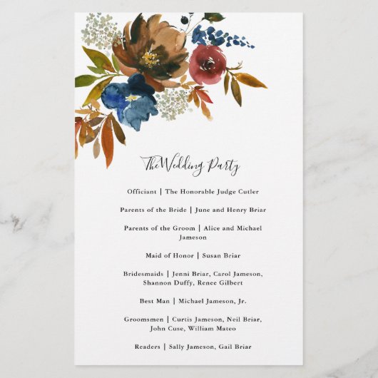 Floral paper Programme Waterverf Navy and Rust Flyer (Achterkant)