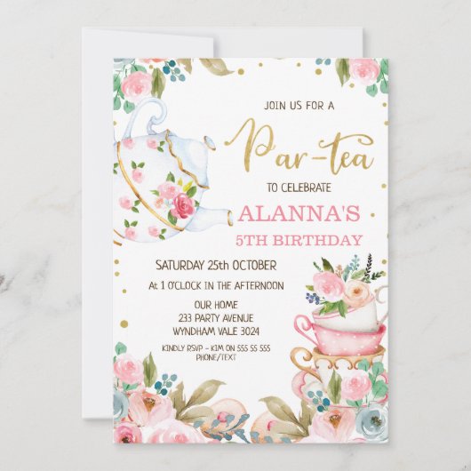 Floral Par-Tea Party of Birthday Invitation Kaart (Voorkant)