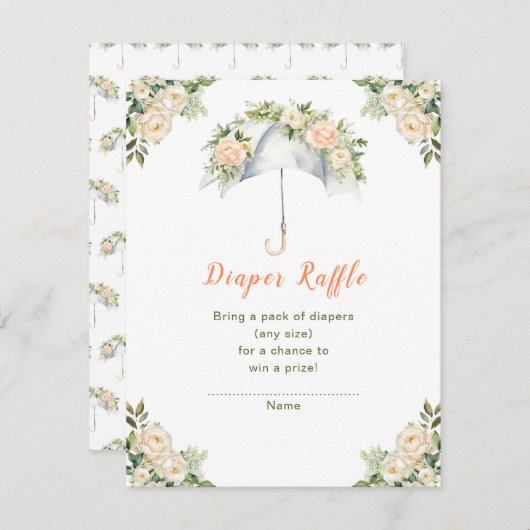 Floral Paraplu Baby shower Luier Raffle Informatiekaartje (Voorkant / Achterkant)