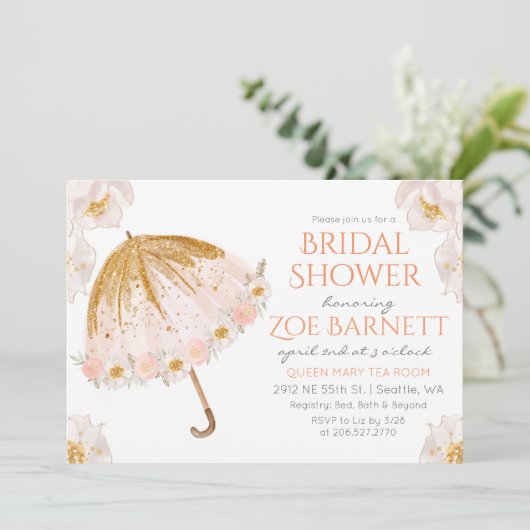 Floral paraplu glitter bruids douche uitnodiging (Staand voorkant)