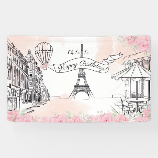 Floral Paris backdrop Happy Birthday banner (Horizontaal)