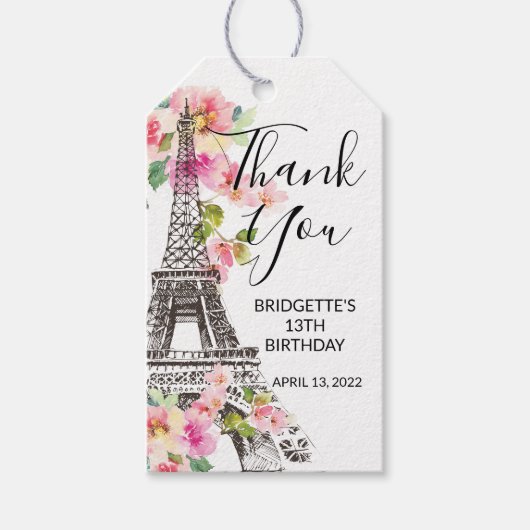 Floral Paris Eiffel Tower Birthday Party Favor Cadeaulabel (Voorkant)