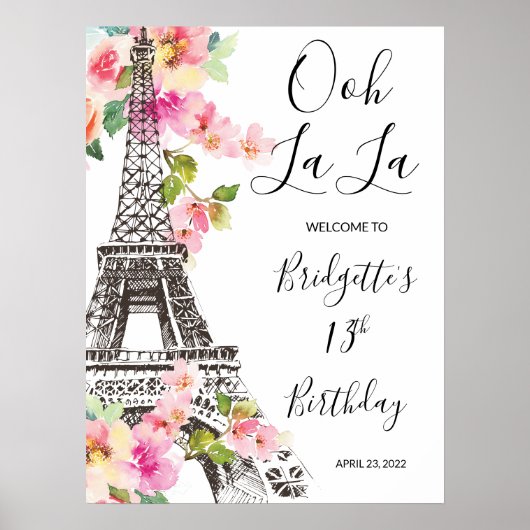 Floral Paris Eiffel Tower Birthday Welcome Sign Poster (Voorkant)