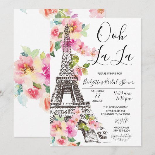 Floral Paris Eiffel Tower Bridal Shower Kaart (Voorkant / Achterkant)