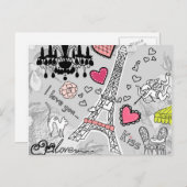 Floral Paris Eiffel Tower zwart roze en grijs Briefkaart (Voorkant / Achterkant)