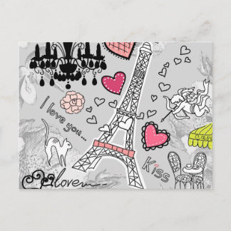Floral Paris Eiffel Tower zwart roze en grijs Briefkaart