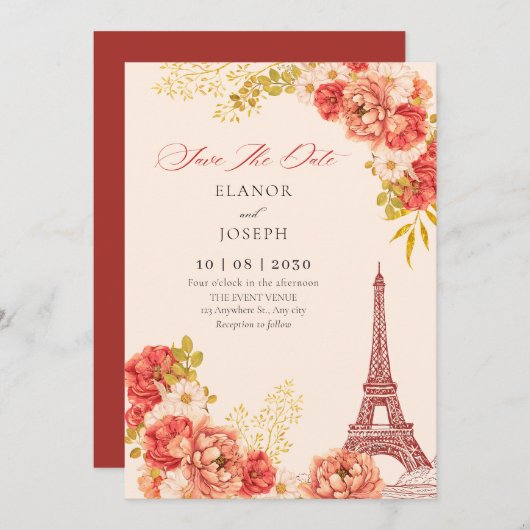 Floral Paris Eiffeltoren bruiloft Save The Date (Voorkant / Achterkant)