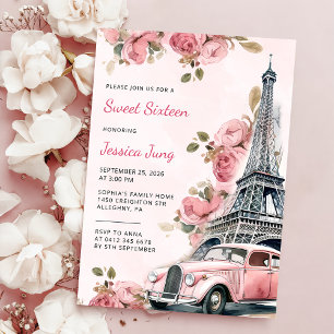 Floral Paris Eiffeltoren Sweet 16 verjaardagsfeest Kaart