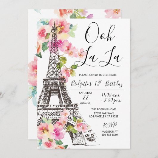 Floral Paris Eiffeltoren Uitnodiging voor verjaard (Voorkant / Achterkant)