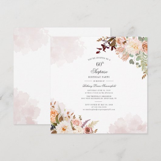Floral Pastel 60th Birthday Script Surprise Party Kaart (Voorkant / Achterkant)