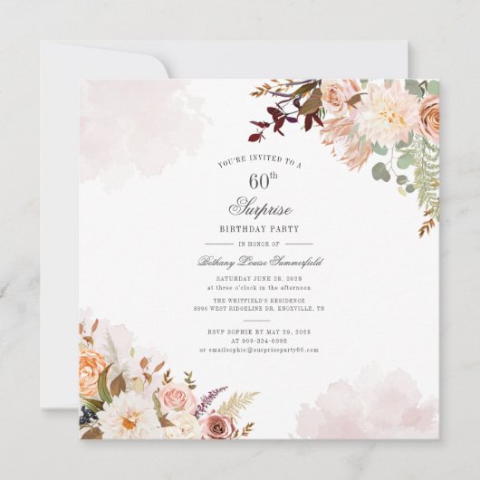 Floral Pastel 60th Birthday Script Surprise Party Kaart (Voorkant)