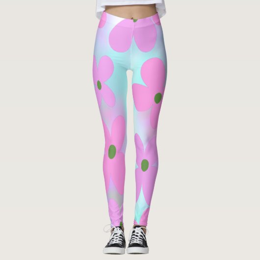 Floral Pastel Abstract Faux Holografisch Roze Snoe Leggings (Voorkant)
