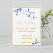 Floral Pastel Blue Wedding Gold Folie Uitnodiging (Staand Voorkant)