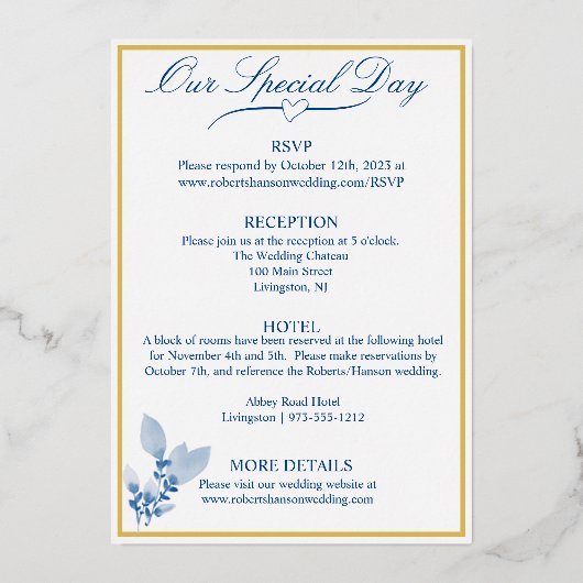 Floral Pastel Blue Wedding Gold Folie Uitnodiging (Achterkant)