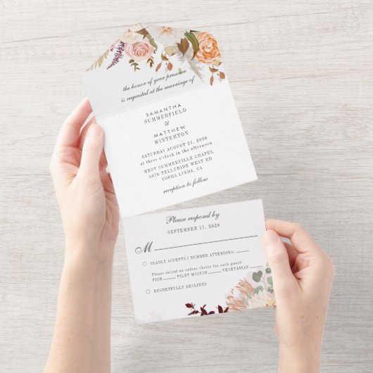 Floral Pastel Burgundy Waterverf Wedding All In One Uitnodiging (Afscheurbaar)