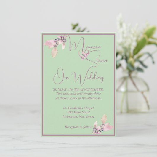 Floral Pastel Green & Mauve Wedding Kaart (Staand voorkant)