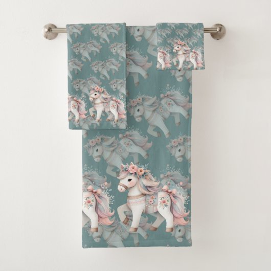 Floral Pastel Horse Fantasy Illustratie Bad Handdoek (Insitu)