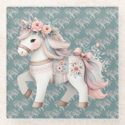 Floral Pastel Horse Fantasy Illustratie Glazen Onderzetter (Voorkant)