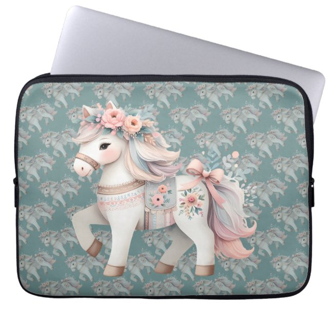 Floral Pastel Horse Fantasy Illustratie Laptop Sleeve (Voorkant)