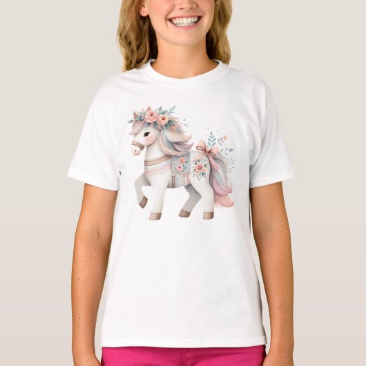 Floral Pastel Horse Fantasy Illustratie T-shirt (Voorkant)