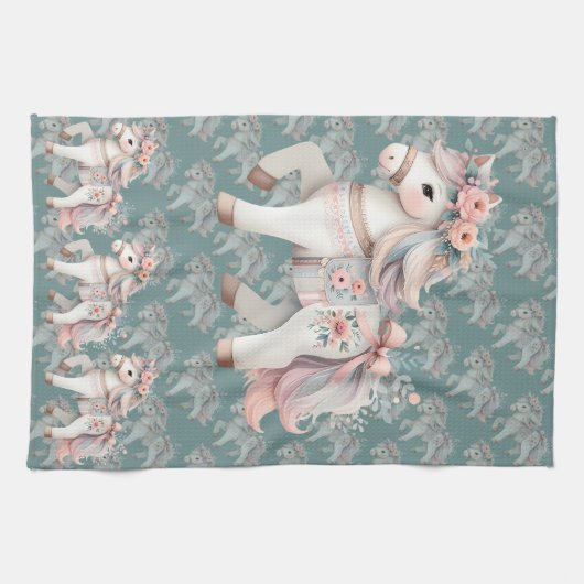 Floral Pastel Horse Fantasy Illustratie Theedoek (Horizontaal)