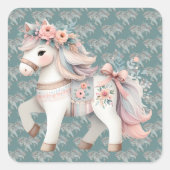Floral Pastel Horse Fantasy Illustratie Vierkante Sticker (Voorkant)