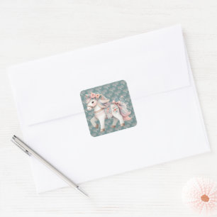 Floral Pastel Horse Fantasy Illustratie Vierkante Sticker
