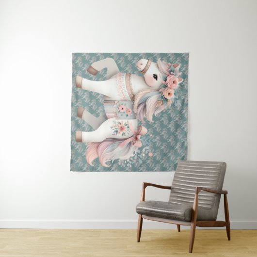 Floral Pastel Horse Fantasy Illustratie Wandkleed (In Situ (horizontaal))