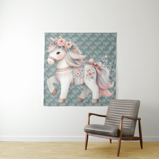 Floral Pastel Horse Fantasy Illustratie Wandkleed (In situ)