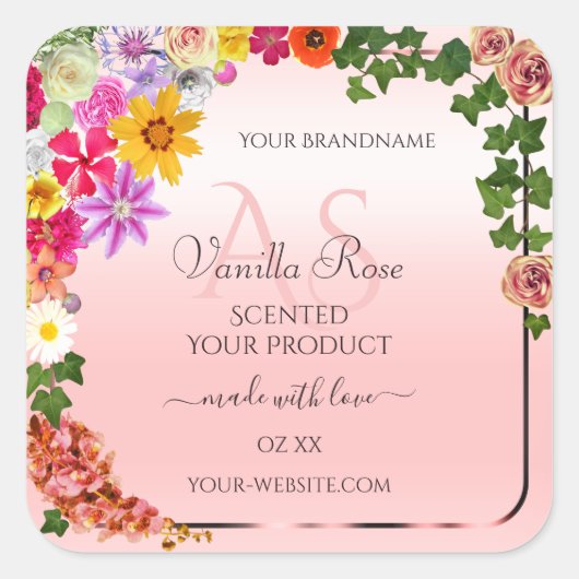Floral Pastel Light Roze Product Labels Initialen (Voorkant)