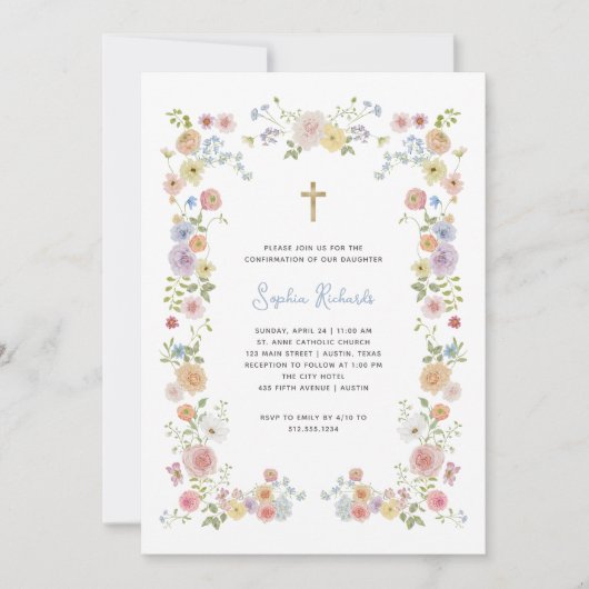 Floral Pastel Lijst en Gold Cross | Confirmation!R Kaart (Voorkant)